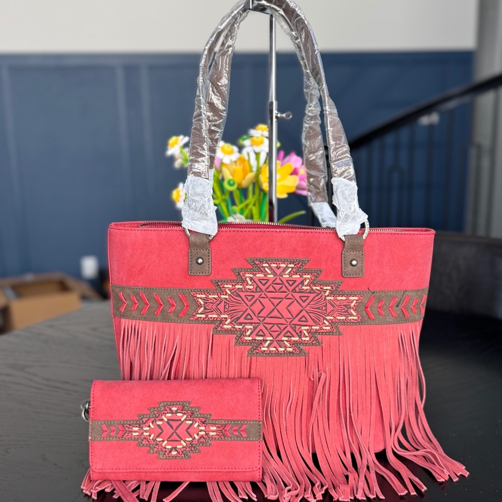 Trinity Ranch Aztec Tooled Fringe Concealed Carry Tote + Wallet Burgundy